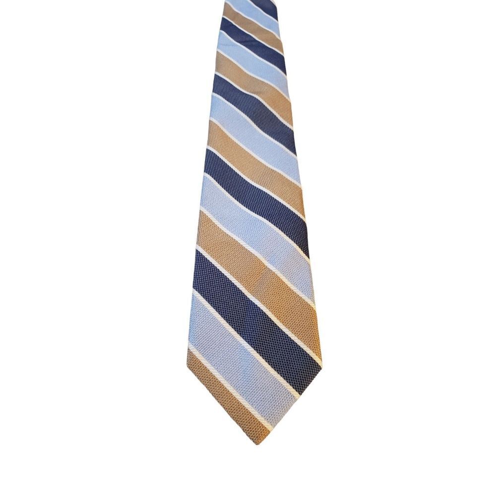 Jos A Bank Heritage Collection Mens Designer Silk Tie Stripe Navy Blue Tan